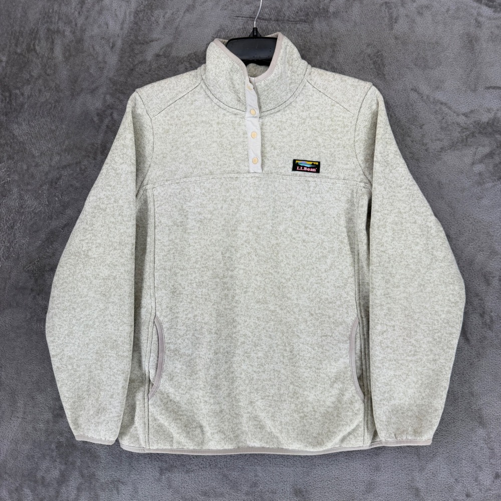L.L.Bean Pullover Women Large Sweater Fleece Oatmeal Heather Snap Neck EUC